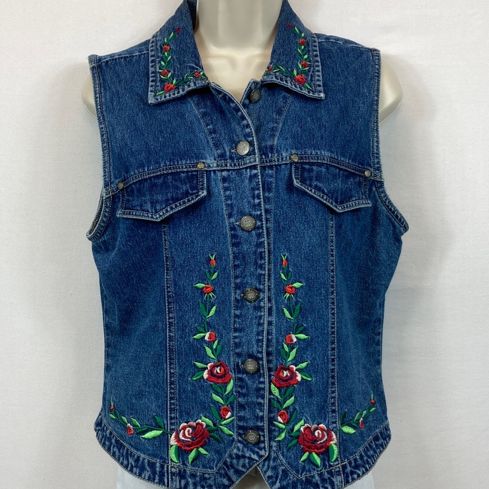 🌹 👖 Bill Blass VTG 90s Denim Jean Vest Women Sz Med Embroidered Floral Rose